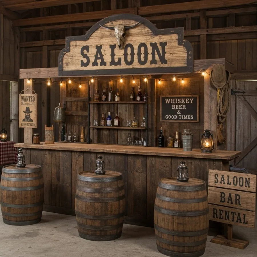 Rustic saloon bar rental with barrels and Western decor