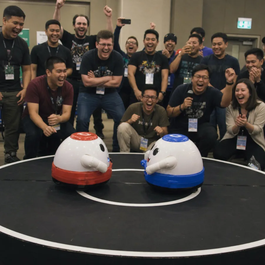 Guests laughing and cheering during an air bot sumo wrestling match