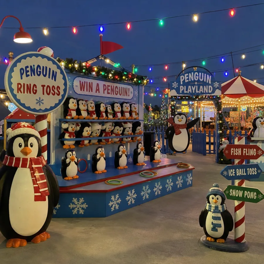 Holiday carnival game area with penguin decor and festive lights