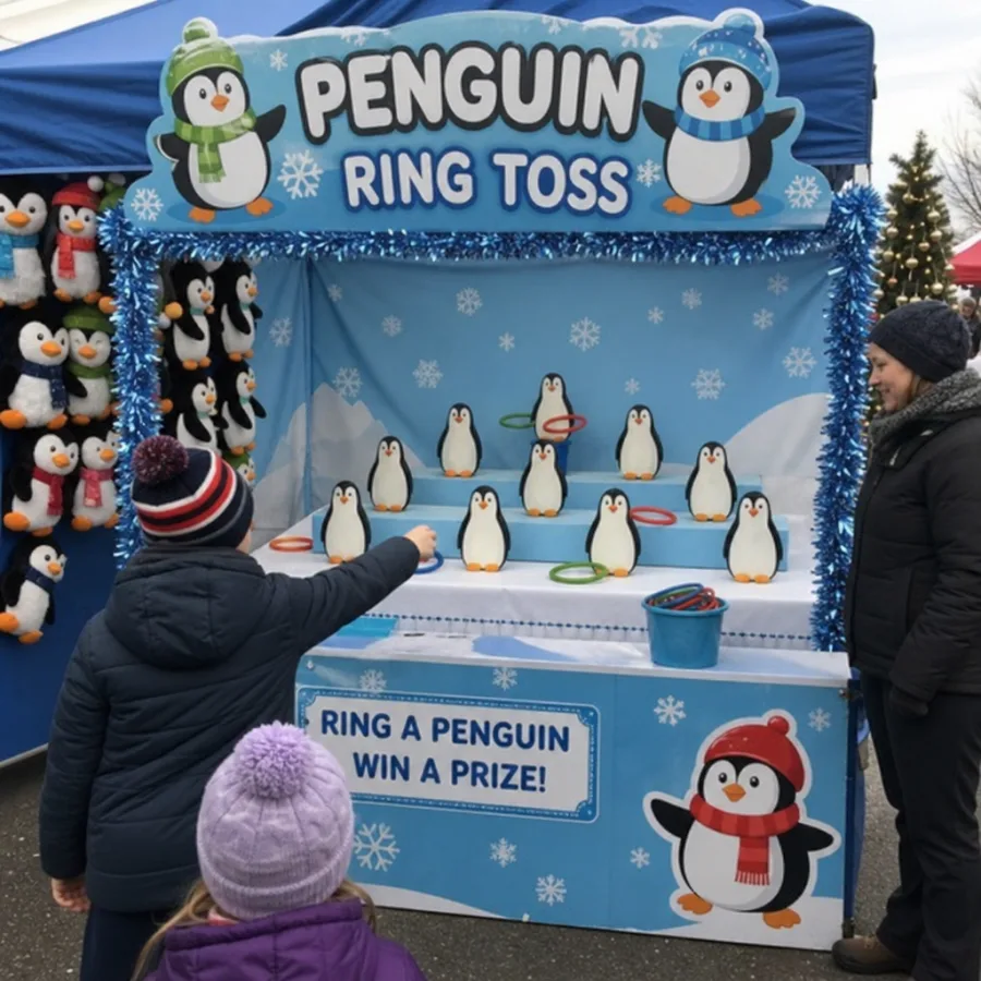 Penguin-themed carnival game set up at a holiday event