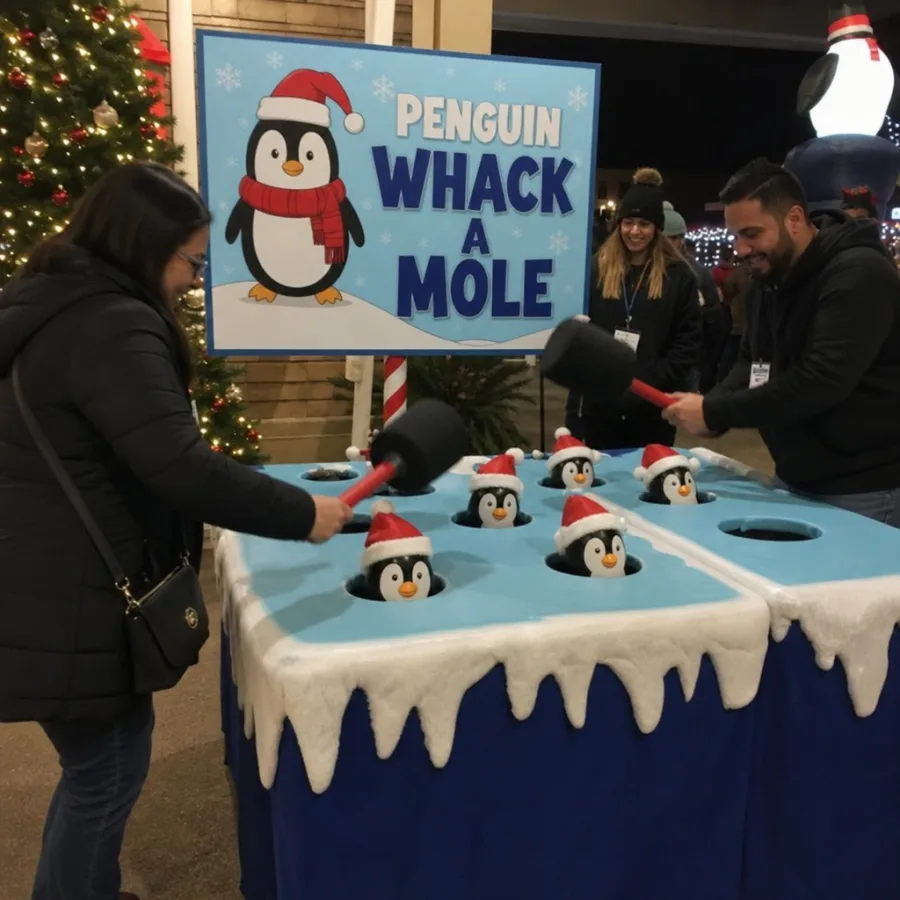 Guests playing a penguin whack a mole game at a Christmas event
