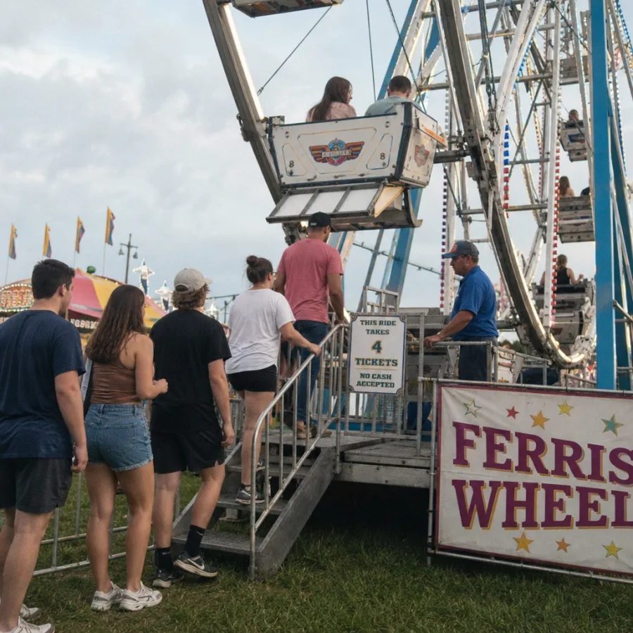 Guests boarding a Ferris wheel at a festival