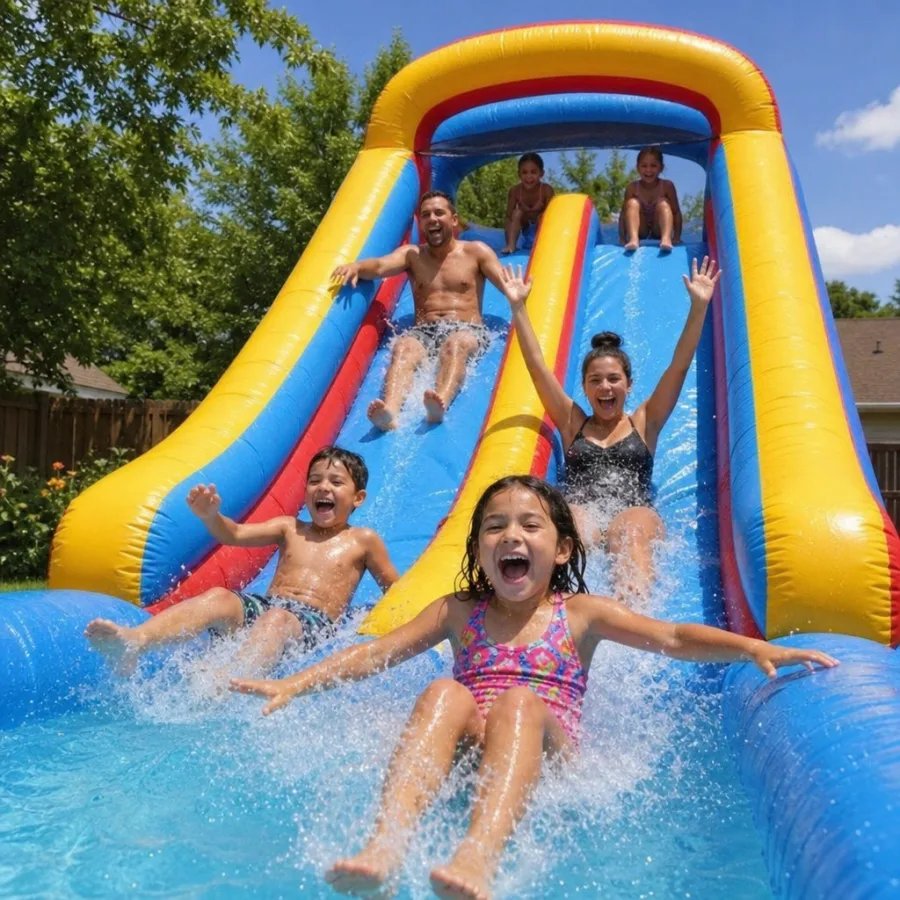 Kids and adults laughing while sliding down a large inflatable water slide in a sunny backyard