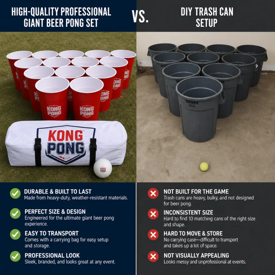 Comparison of a high-quality professional giant beer pong rental set versus a DIY trash can setup