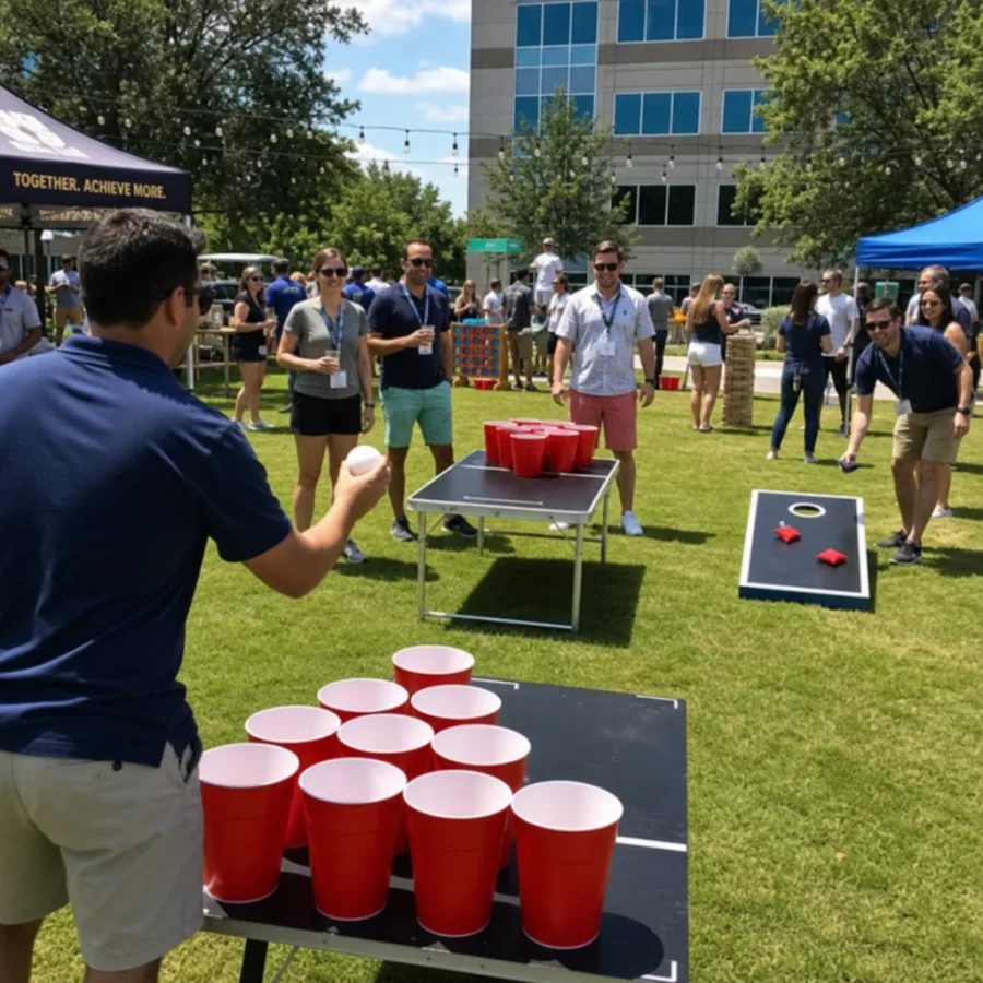 A lively outdoor corporate event showing guests playing various lawn games including giant pong and cornhole
