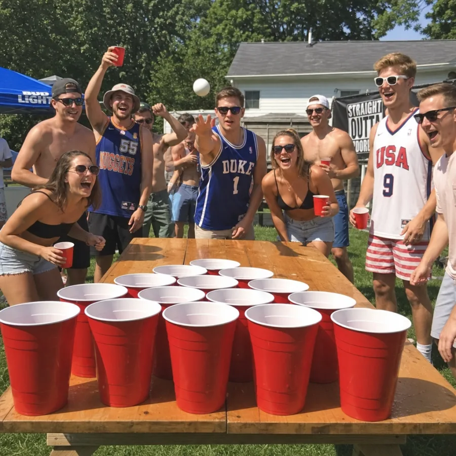 Guests laughing and cheering while playing giant beer pong at a sunny outdoor party