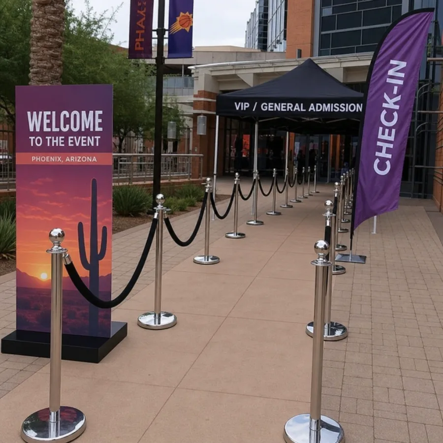 Chrome stanchions guiding an event entrance in Phoenix