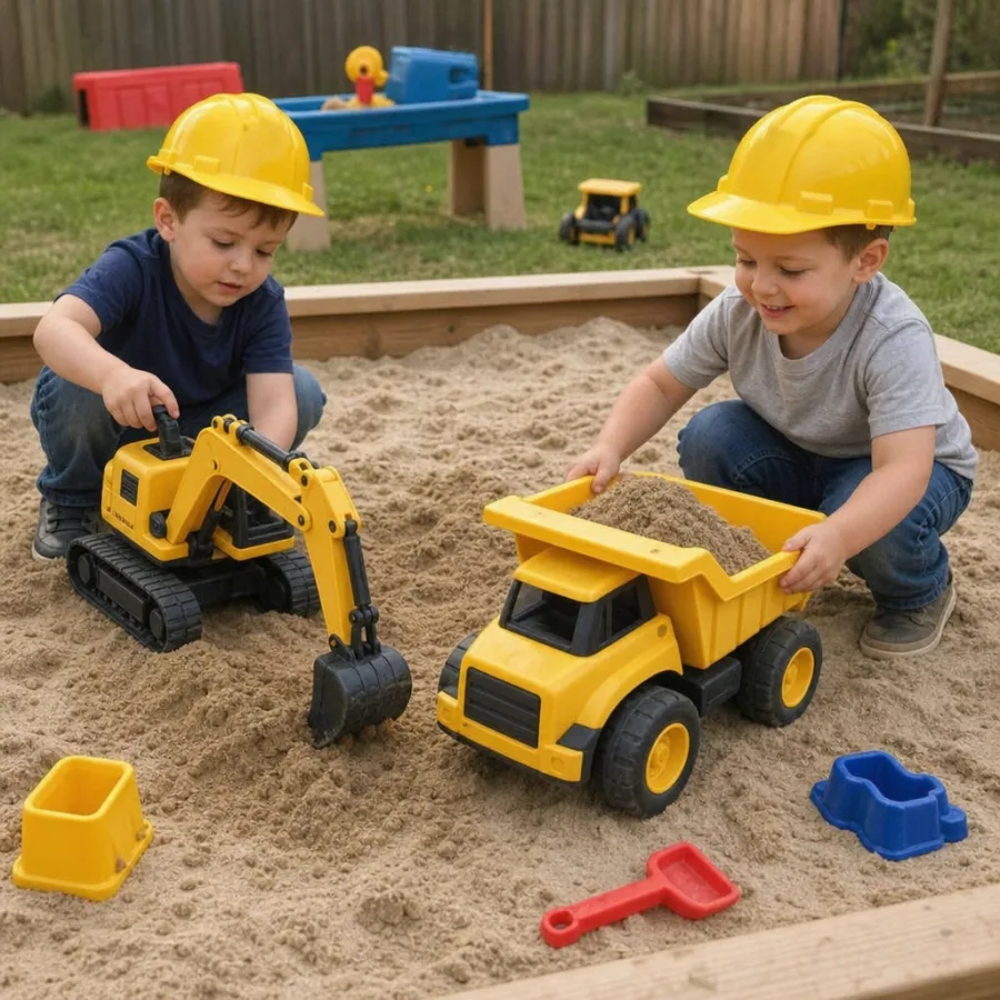 Children wearing yellow hard hats playing with toy dump trucks and excavators in a sandbox