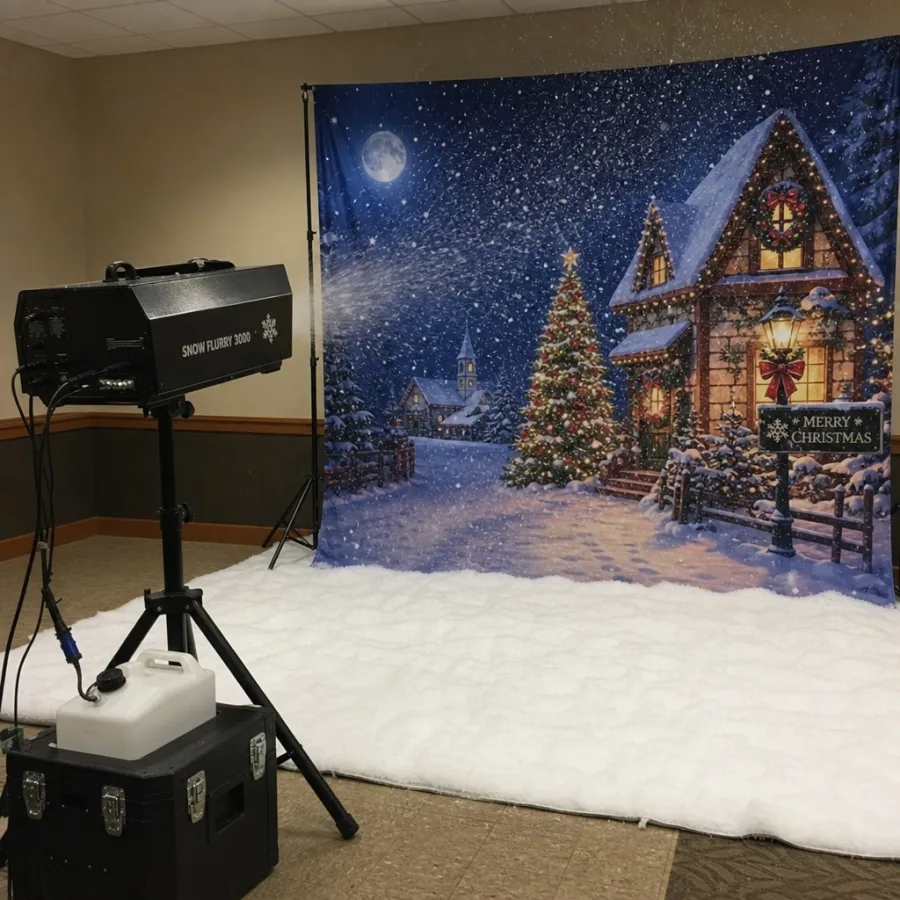 Snow machine setup near a holiday photo backdrop