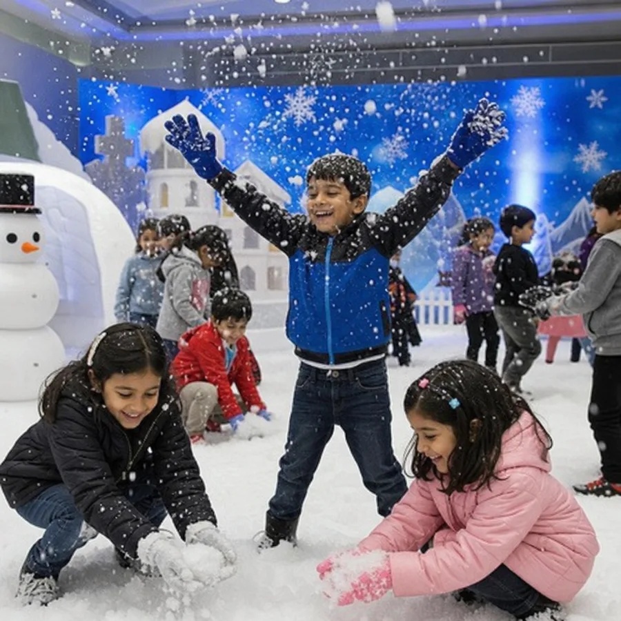 Children enjoying artificial snow at a winter themed party