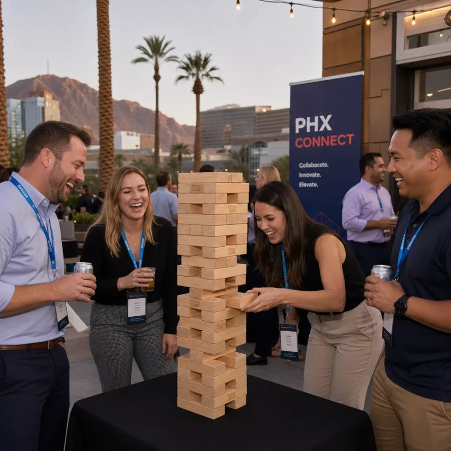 Coworkers laughing and playing a giant Jenga game at a corporate event in Phoenix
