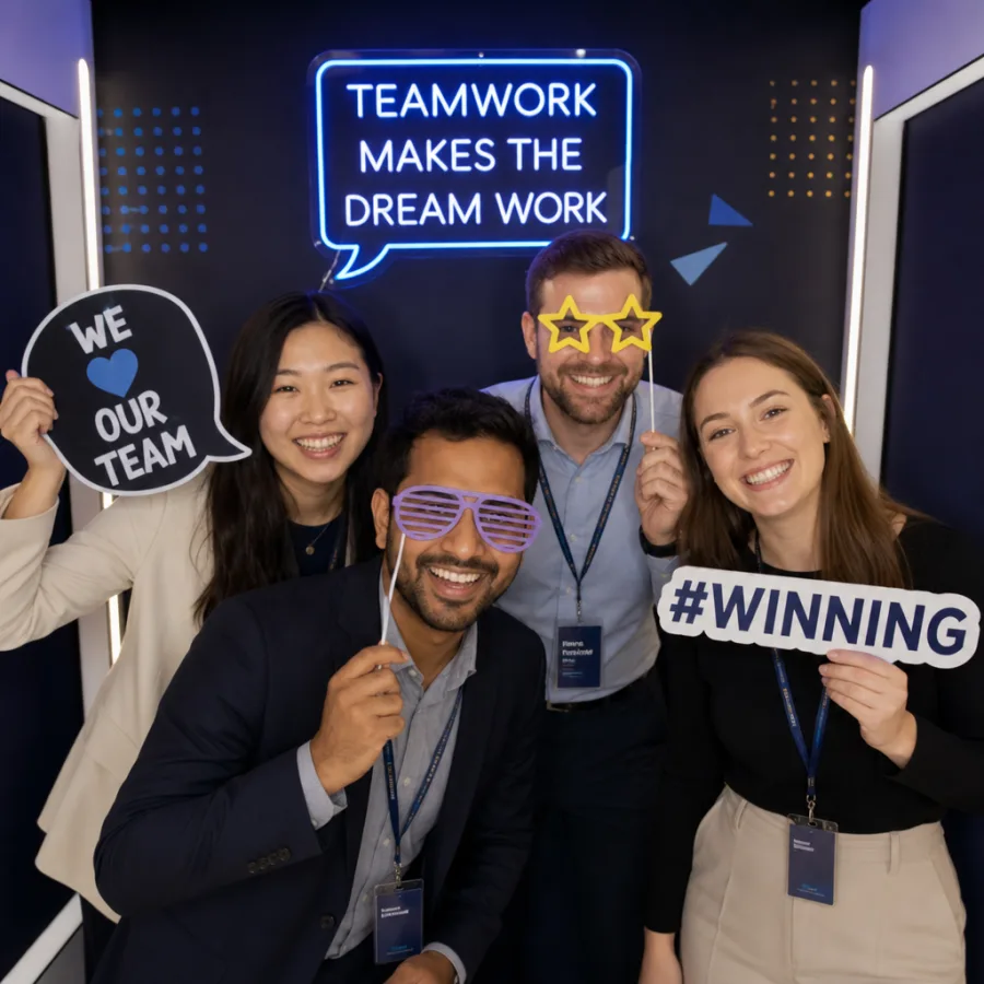 Colleagues posing with fun props inside a modern corporate photo booth