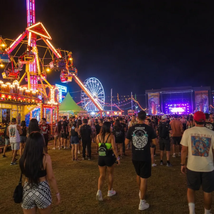 Carnival ride zone with lights and festival guests at an outdoor concert event