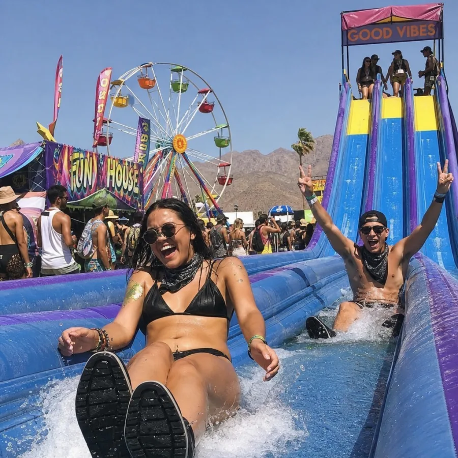 Festival guests enjoying a water slide and carnival attractions during a sunny Arizona music event