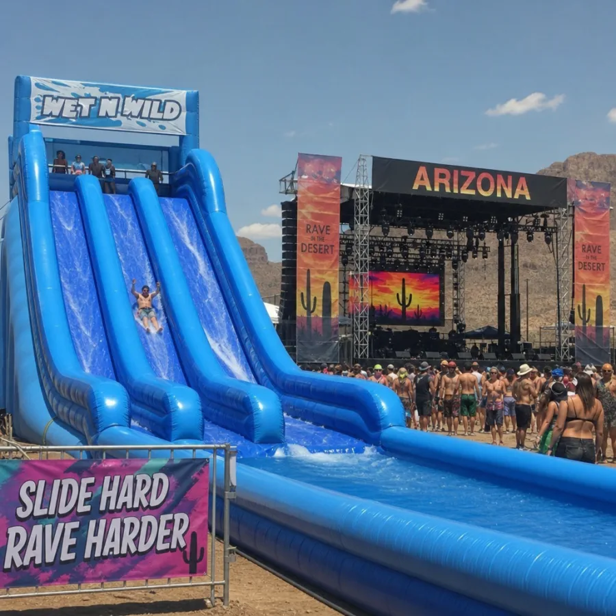 Giant water slide set up near an outdoor music festival stage in Arizona