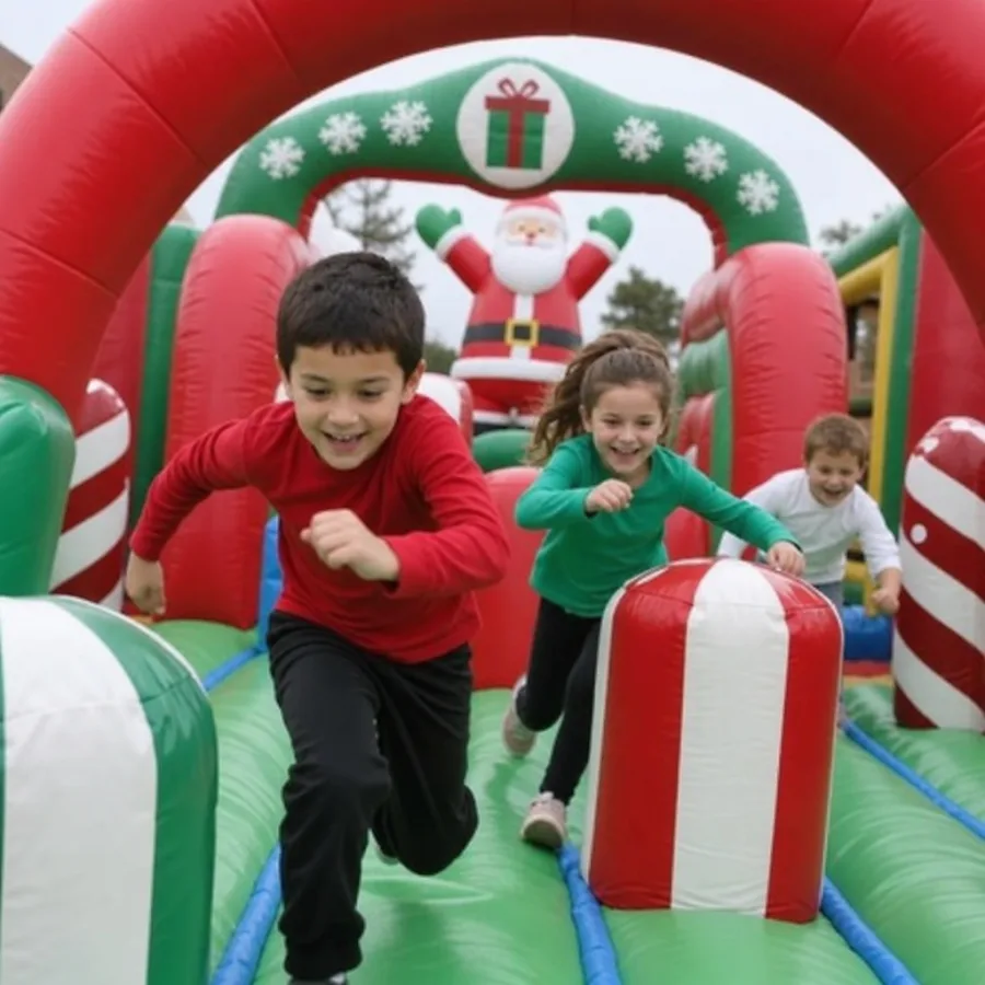 children racing through a festive inflatable obstacle course