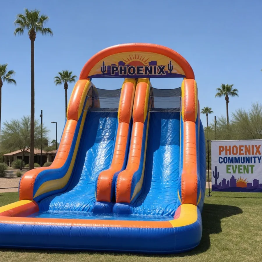 Huge dual lane inflatable water slide ready for a Phoenix community event