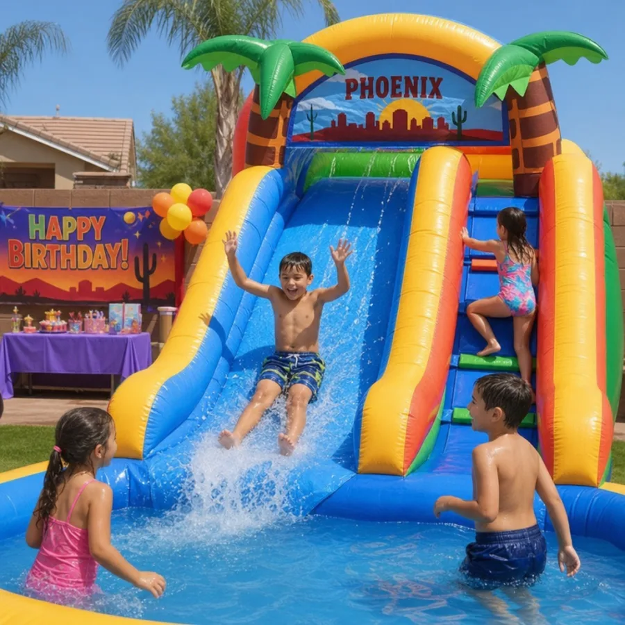 Children enjoying a bright inflatable water slide at a Phoenix birthday party