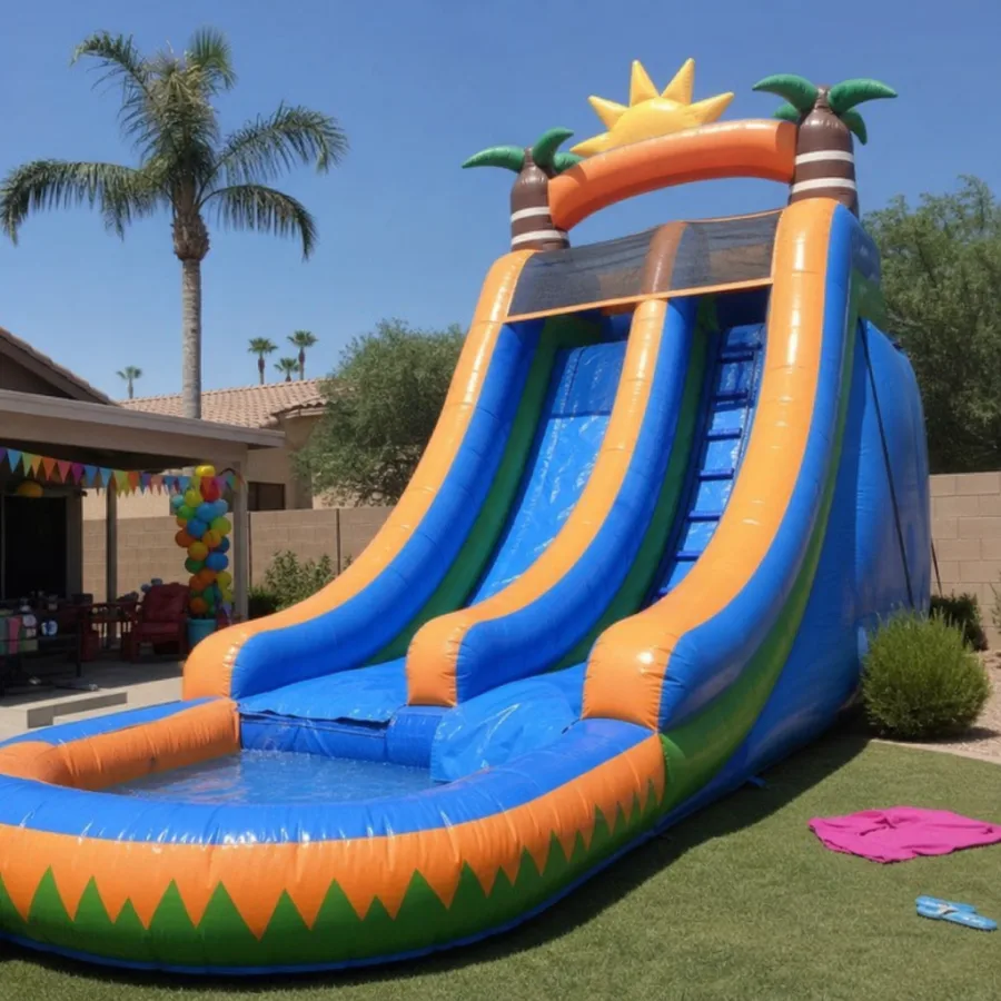 Giant inflatable water slide set up for a sunny Phoenix backyard party