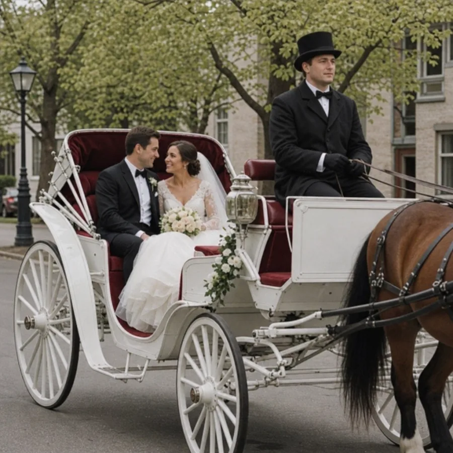 newlyweds riding in an elegant horse drawn carriage