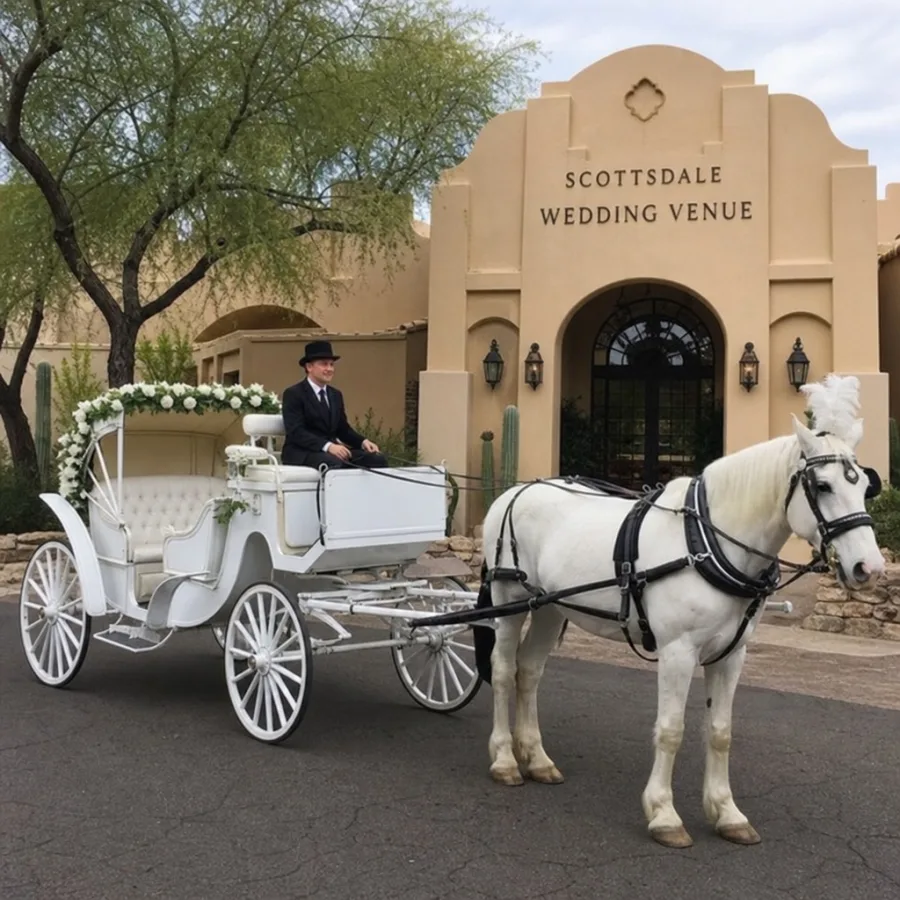 white horse drawn carriage outside a Scottsdale wedding venue