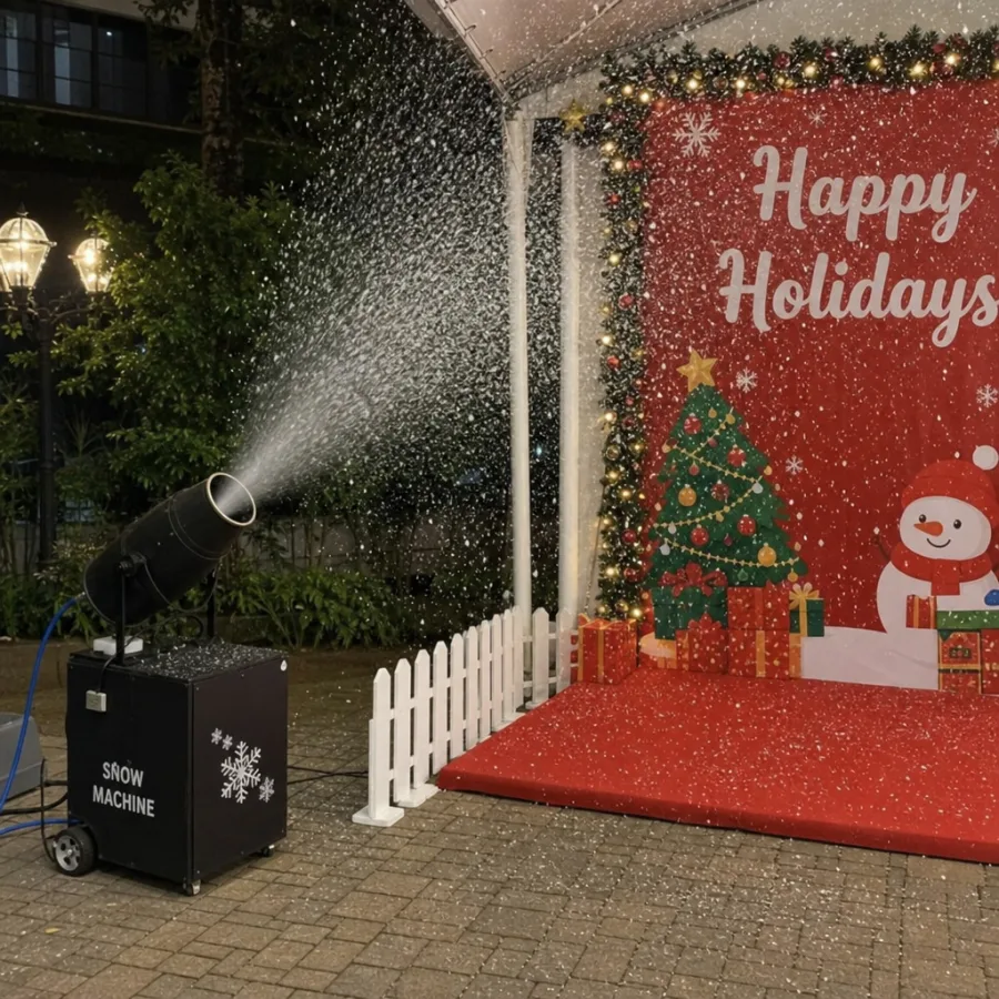 Artificial snow machine set up beside a festive event photo area