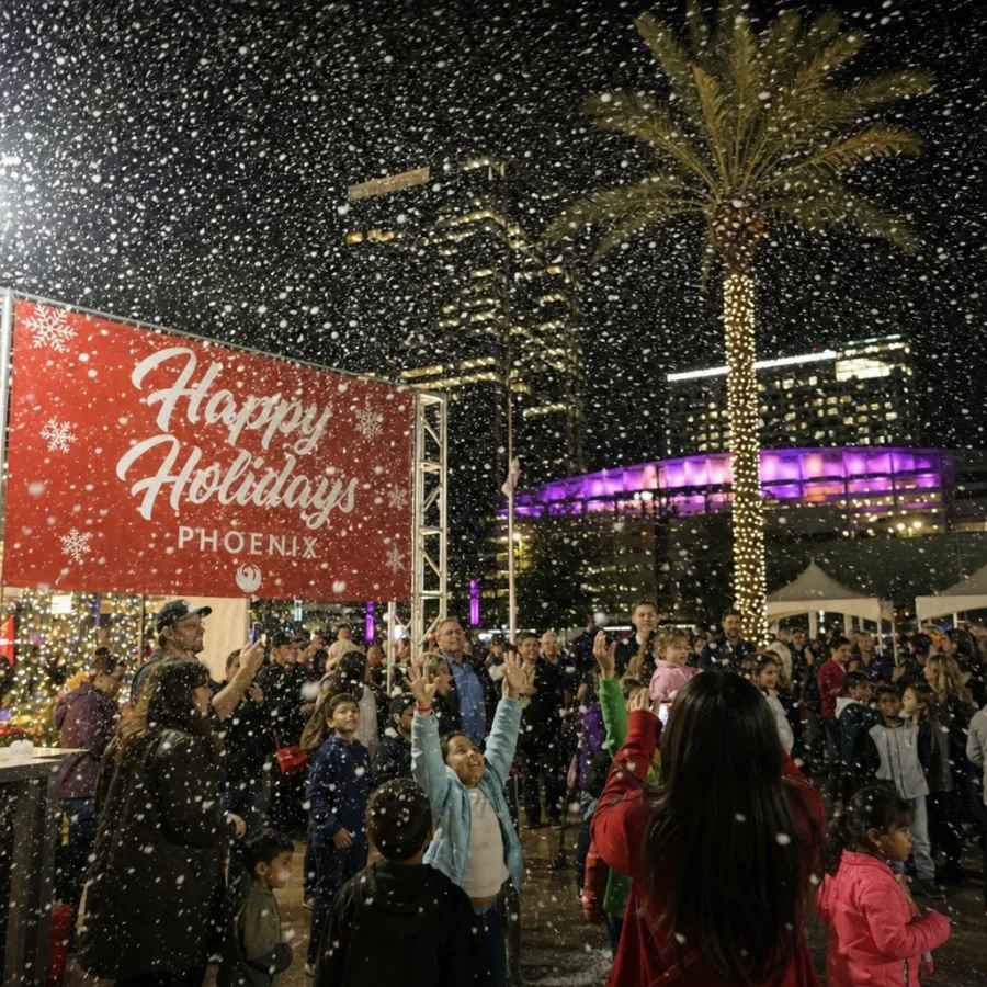 Artificial snow blowing over a Phoenix holiday event