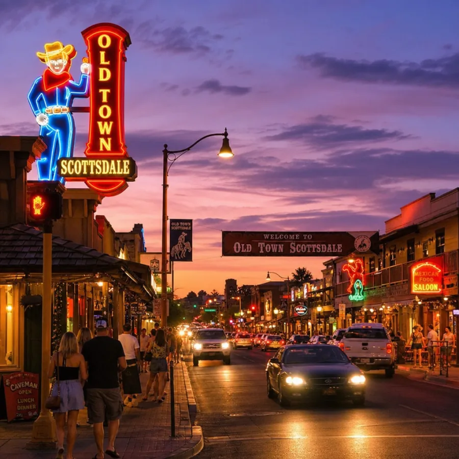 A bustling street view of Old Town Scottsdale at twilight with neon signs