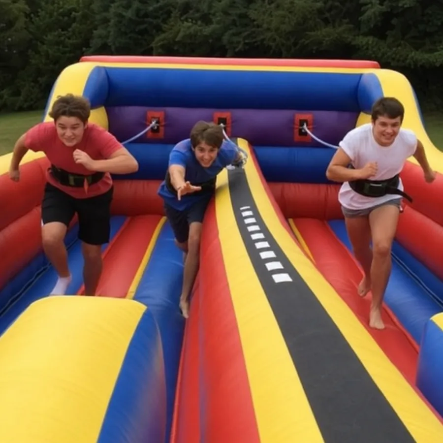 Three players racing on a colorful inflatable bungee run