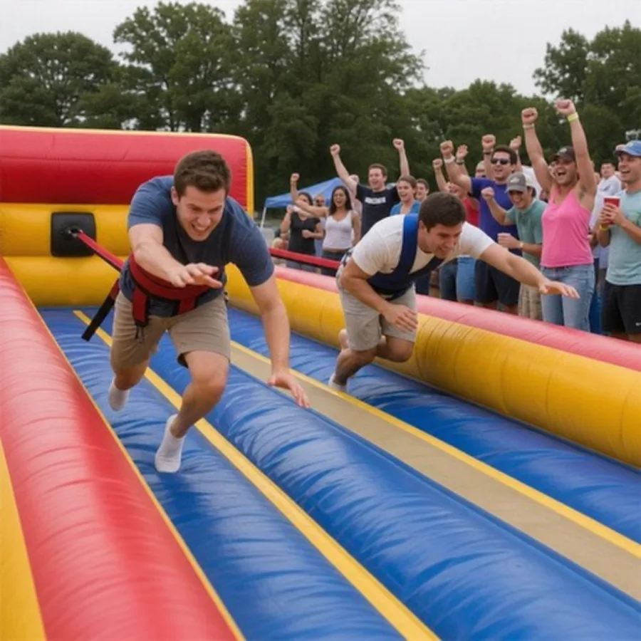 Event guests cheering while competitors race on an inflatable bungee game