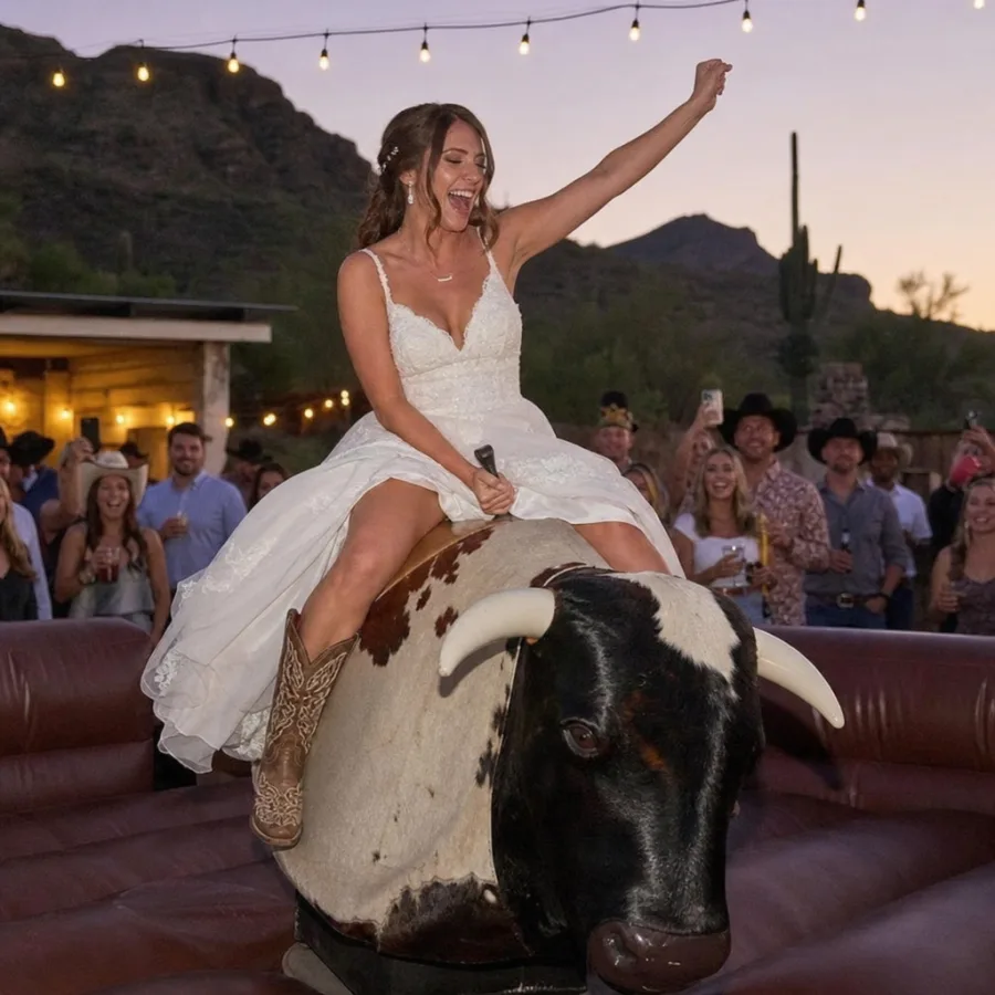 A bride in a white dress and cowboy boots riding a mechanical bull at an outdoor Arizona wedding