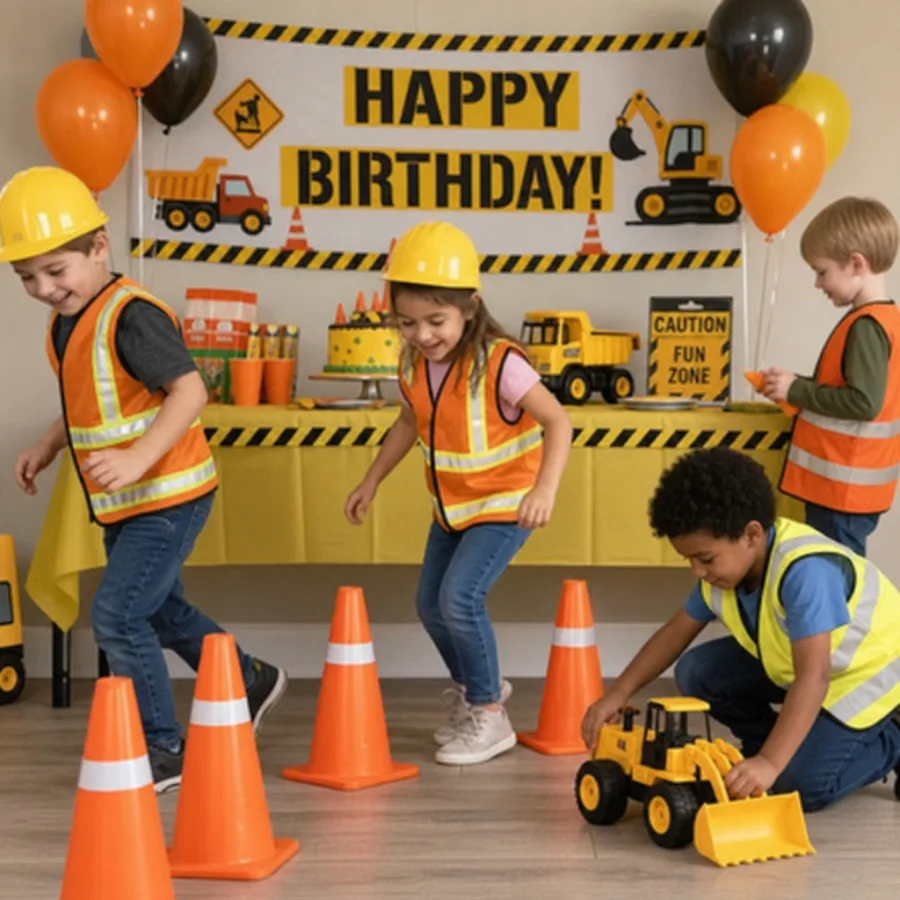 Construction party setup with cones and themed decorations