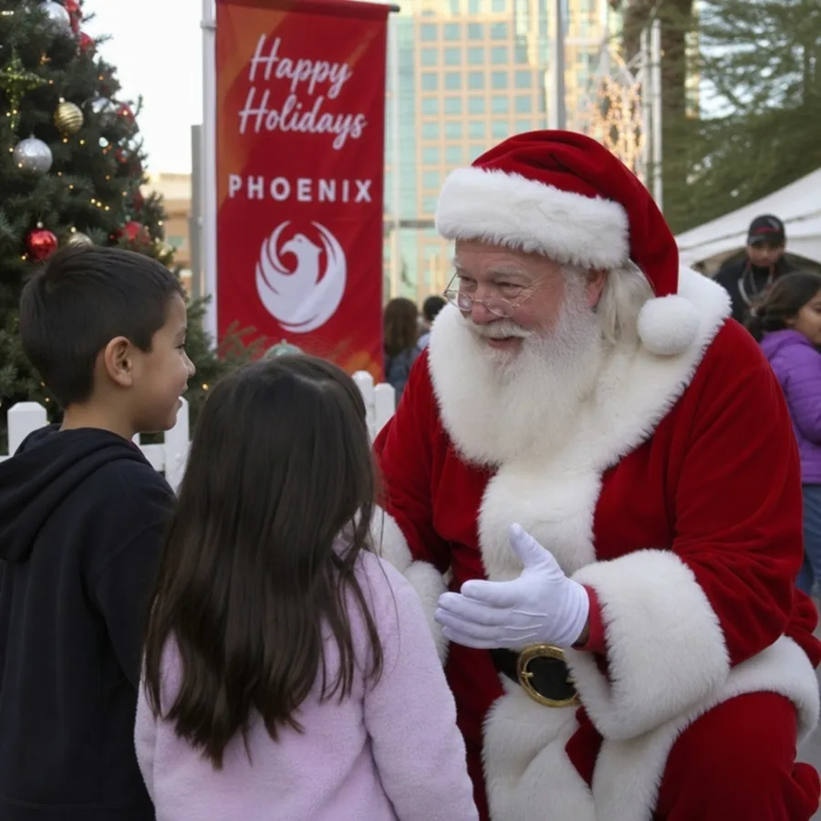 Professional Santa Claus greeting children at a Phoenix holiday event