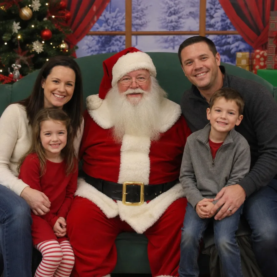 Santa Claus posing for holiday photos with families