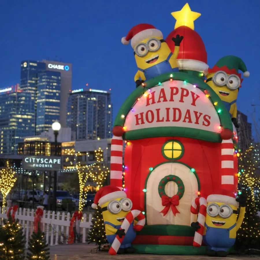 Festive inflatable display with yellow helper characters, candy-cane accents, twinkle lights, and a soft-focus downtown Phoenix skyline at blue hour