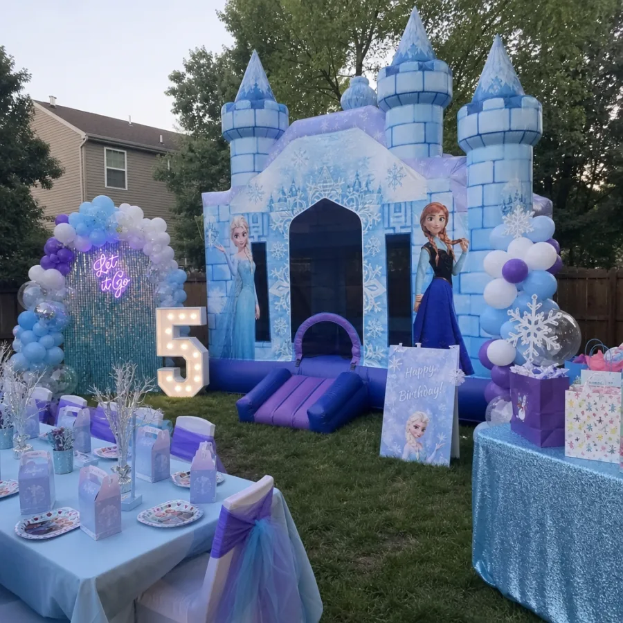 Backyard birthday party setup with ice castle inflatable and decorations