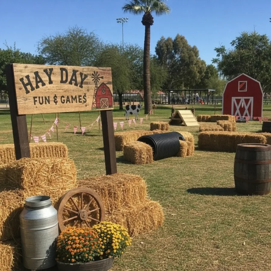Hay bale games, rustic barnyard decor, and a farm themed obstacle course at a sunny Phoenix municipal park