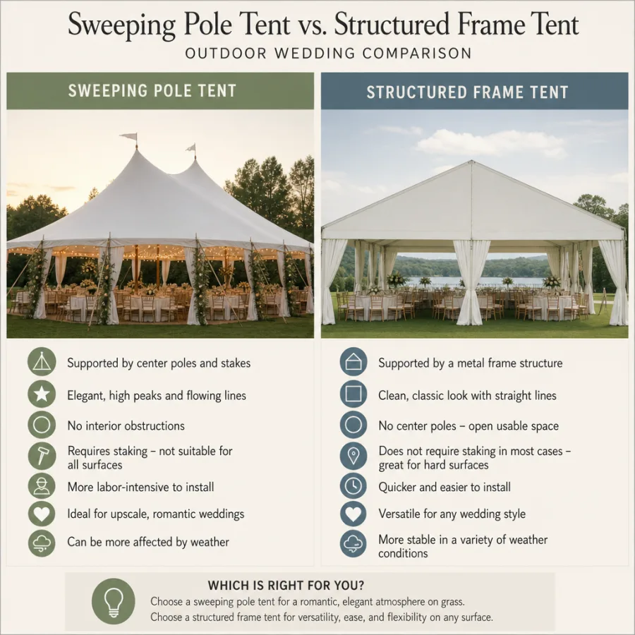 A comparison of a sweeping pole tent and a structured frame tent set up for an outdoor wedding in English