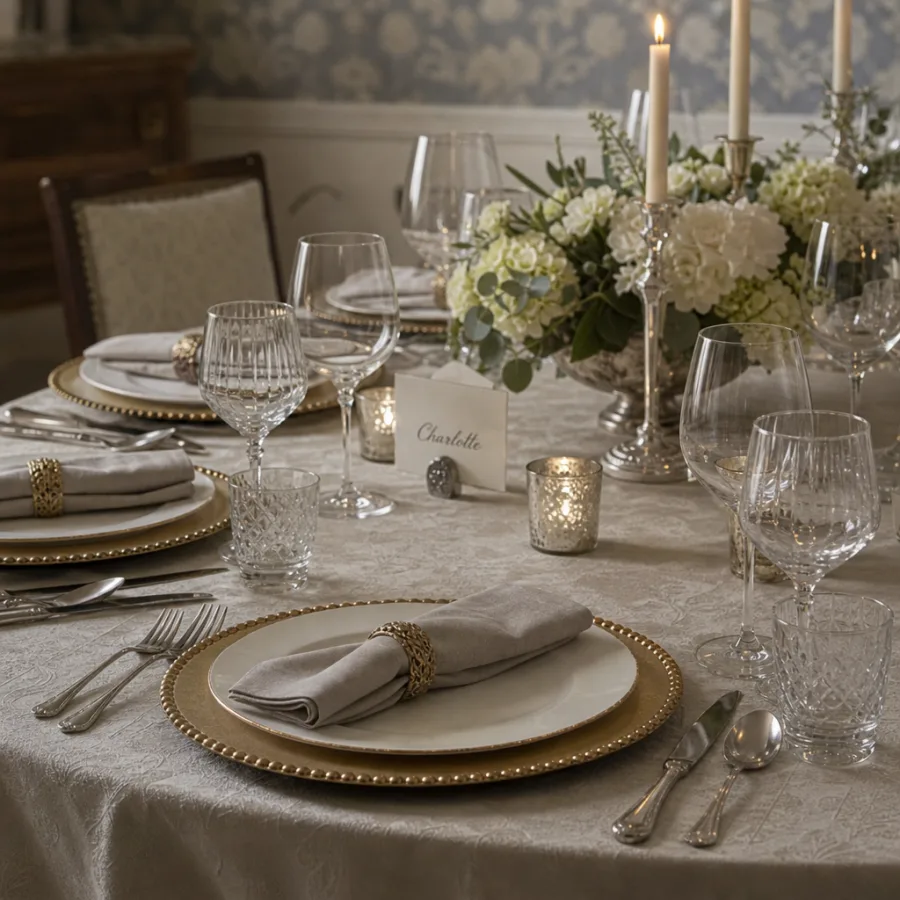 An elegant formal dinner table setting showing chargers, multiple glasses, and textured linens in English