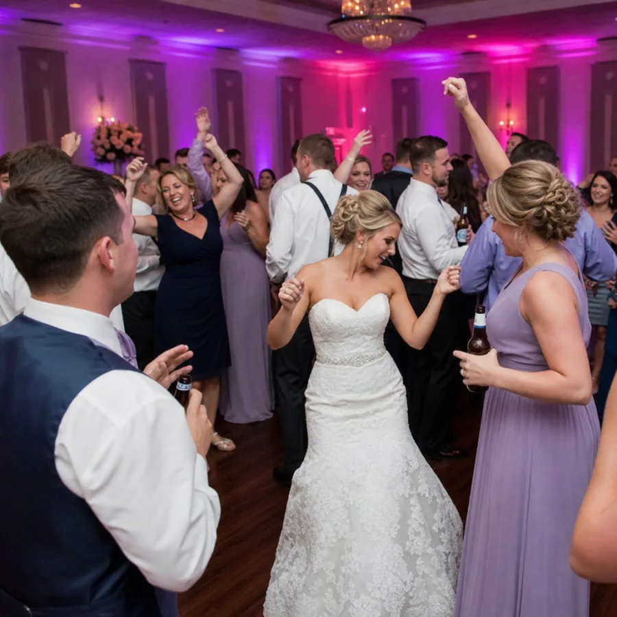 A lively wedding reception dance floor illuminated by vibrant uplighting in English