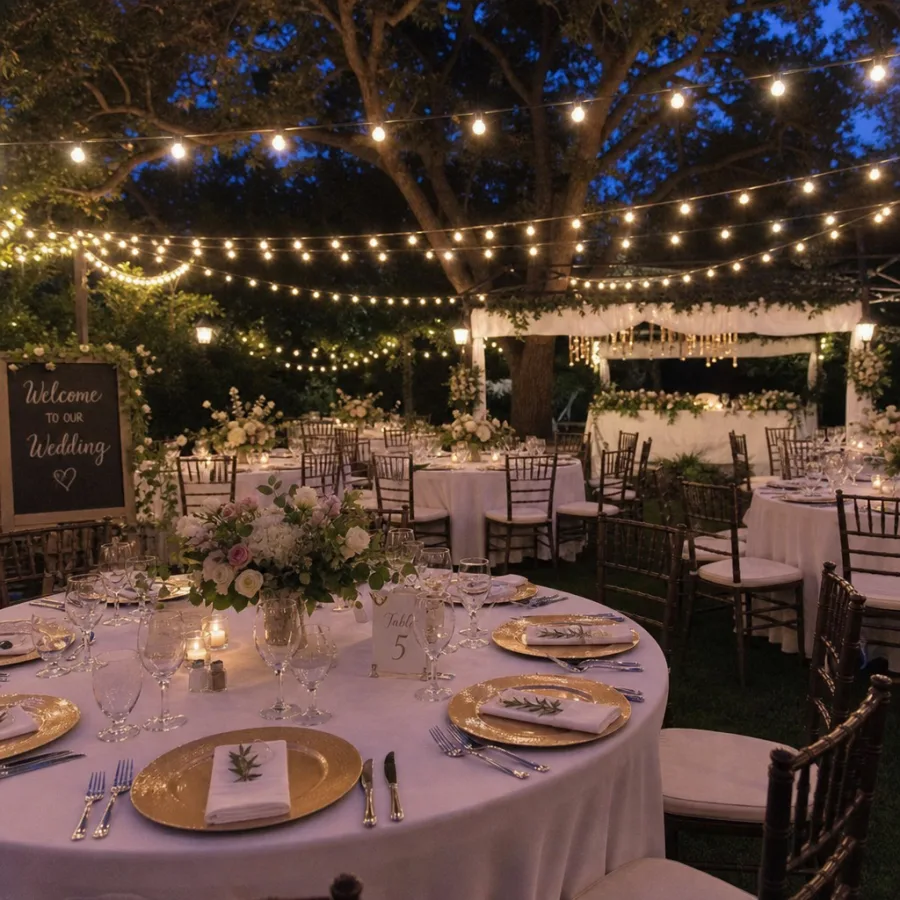 A beautifully decorated outdoor wedding reception with elegant table settings and lighting in English