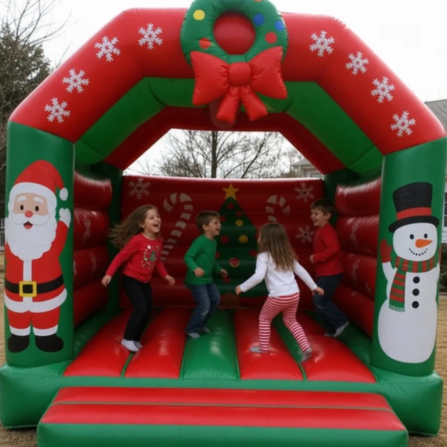 Children playing inside a holiday themed inflatable bounce house