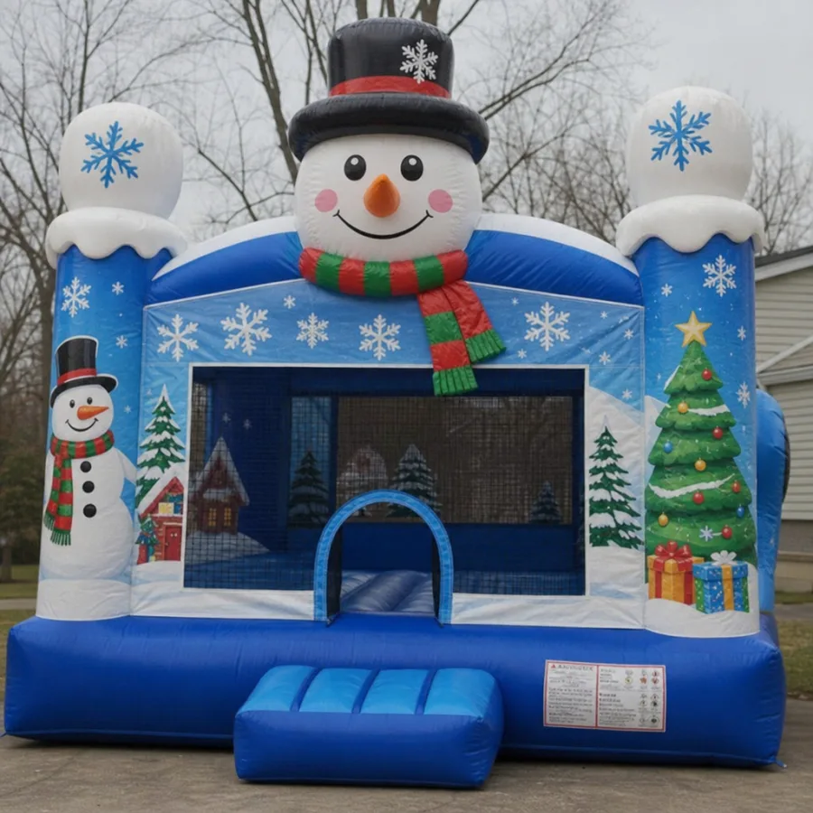 Snowman themed bounce house with festive winter decorations