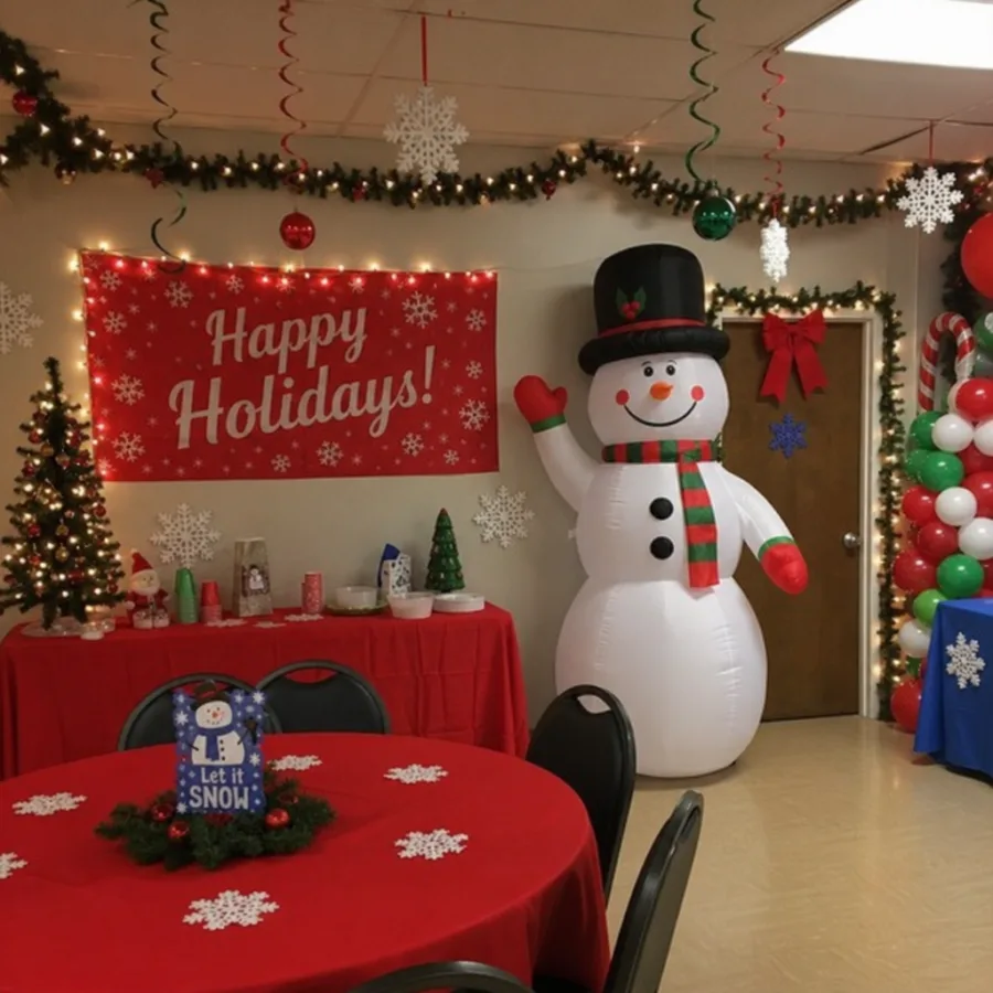 Holiday party setup with snowman inflatable and festive decorations