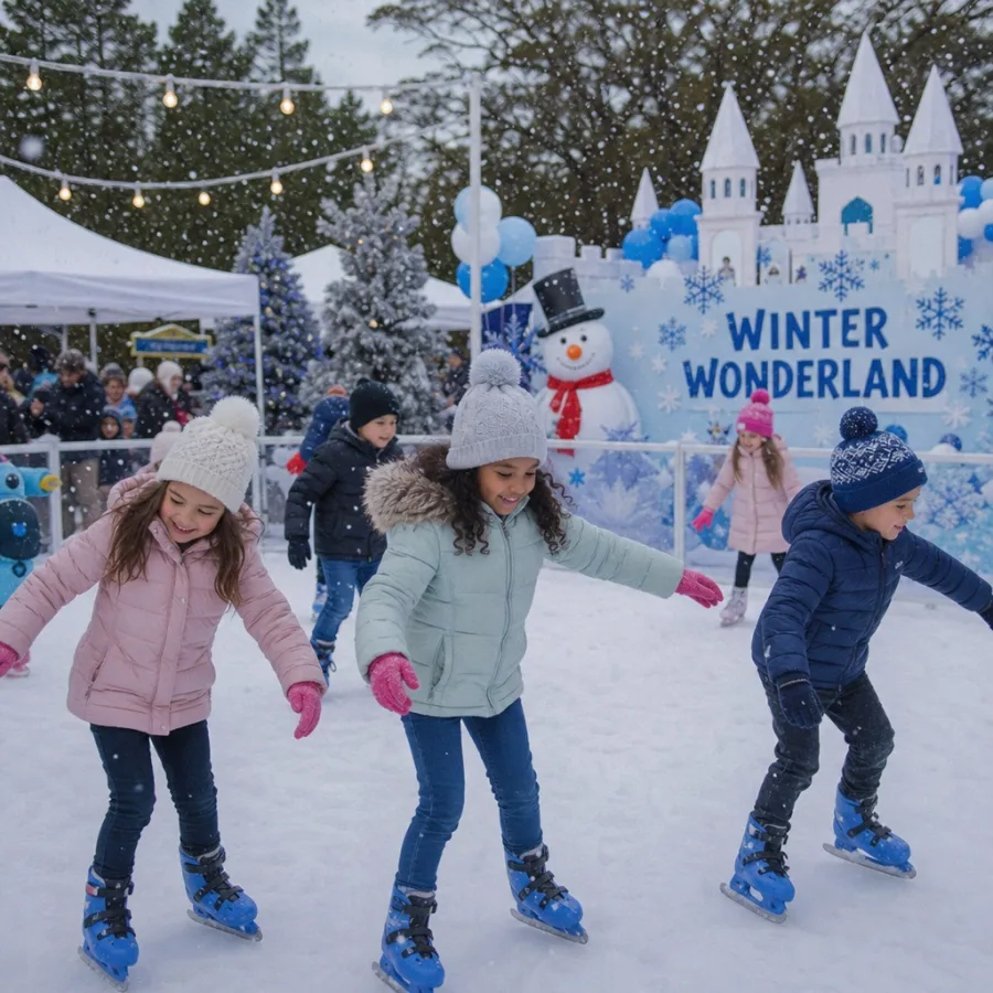 Children ice skating at a winter wonderland themed outdoor party with faux snow
