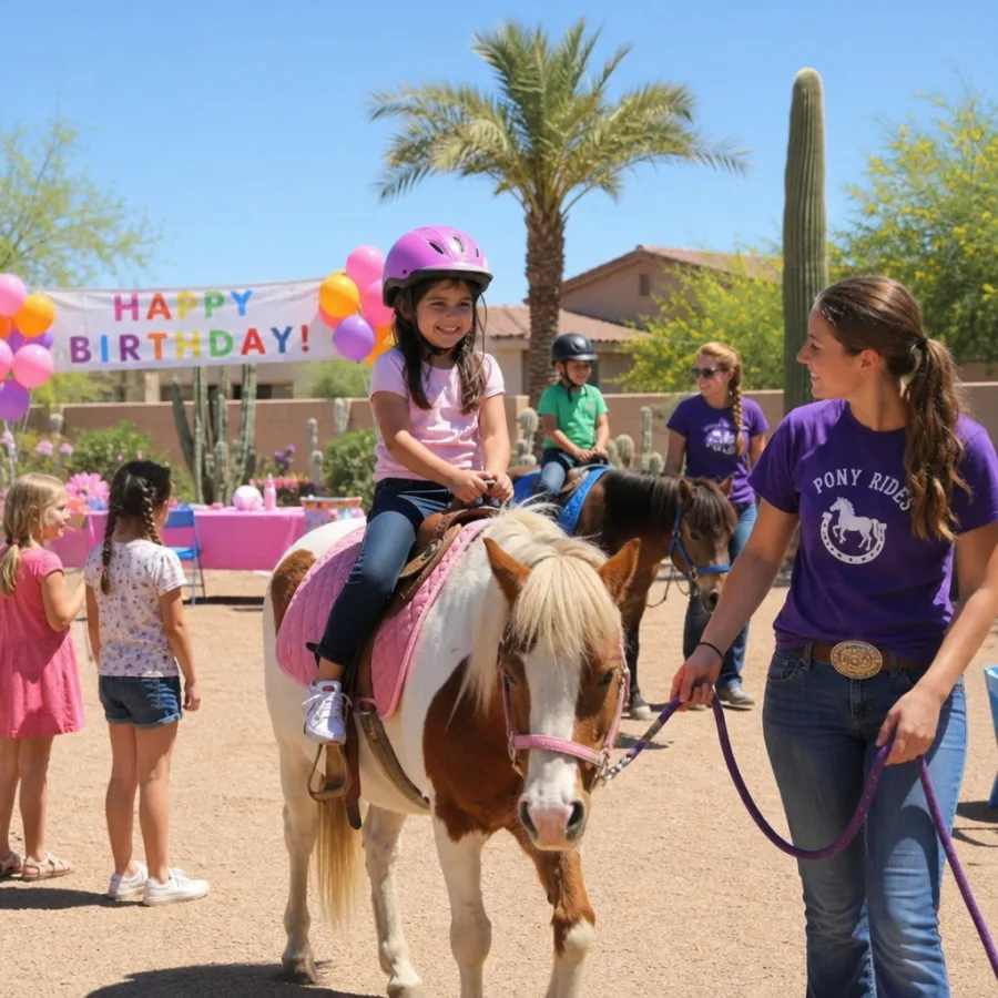 Children taking supervised pony rides at a sunny Phoenix birthday party
