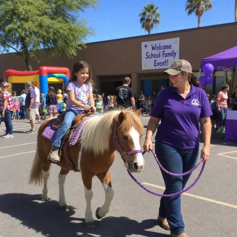 Friendly pony being led by a handler during a school family event in Phoenix