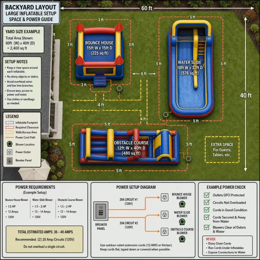 Detailed backyard layout showing space requirements and power setup for large inflatables