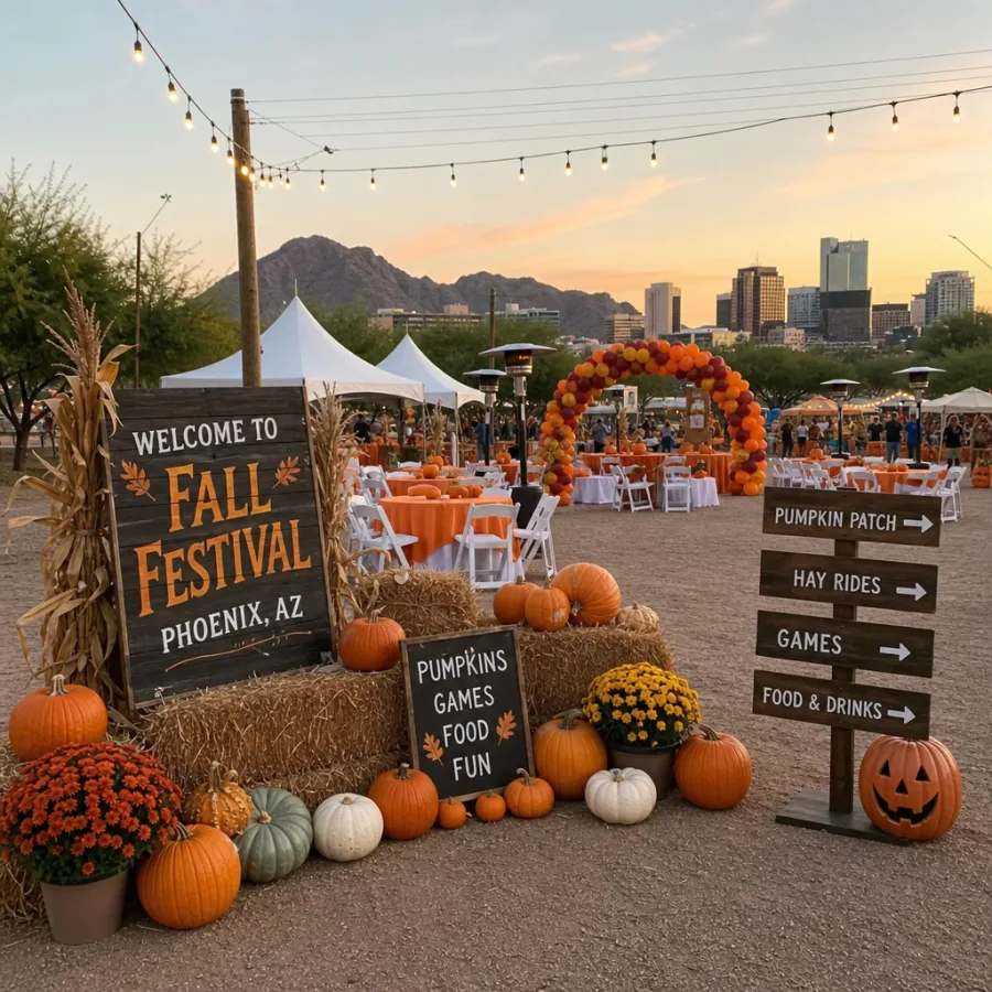 Fall festival setup with pumpkin decorations and event rentals in Phoenix