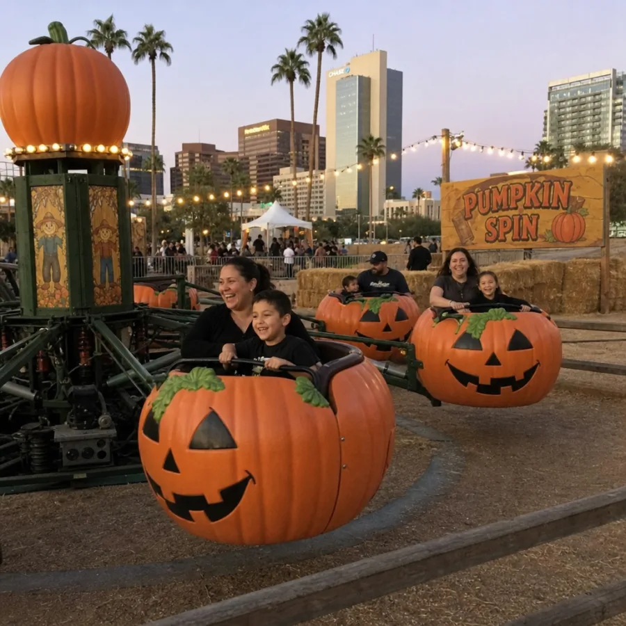 Guests enjoying a mechanical pumpkin ride at a Phoenix fall event